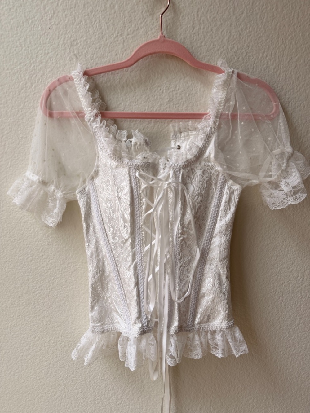 Fairycore White Lace Corset Top Coquette Milkmaid‎ Sheer Sleeve Lace Romantic M